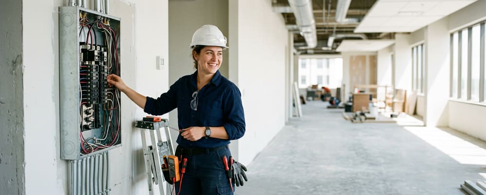 Generated image of a smiling electrician in a hard hat beside an open electrical panel