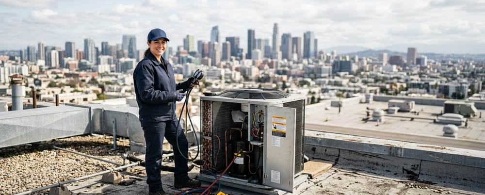 Generated image of an HVAC technician on a rooftop beside an open condenser unit