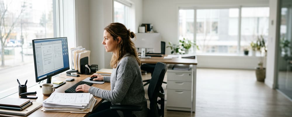 Generated image of an office manager at a desk with licence paperwork beside a monitor