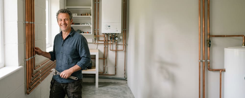 Generated image of a smiling plumber holding a wrench beside copper pipework